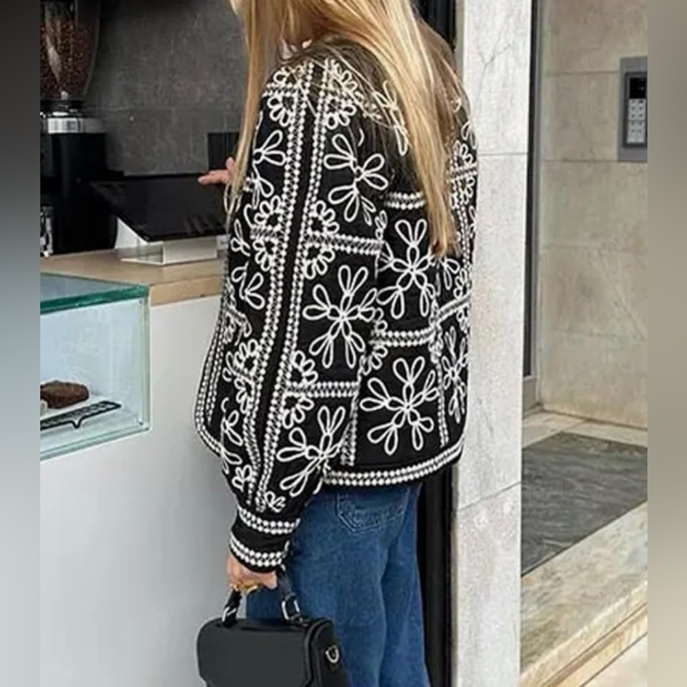 Black & White Embroidered Floral Open Front Jacket | Boho Chic Cardigan - Picture 2 of 11